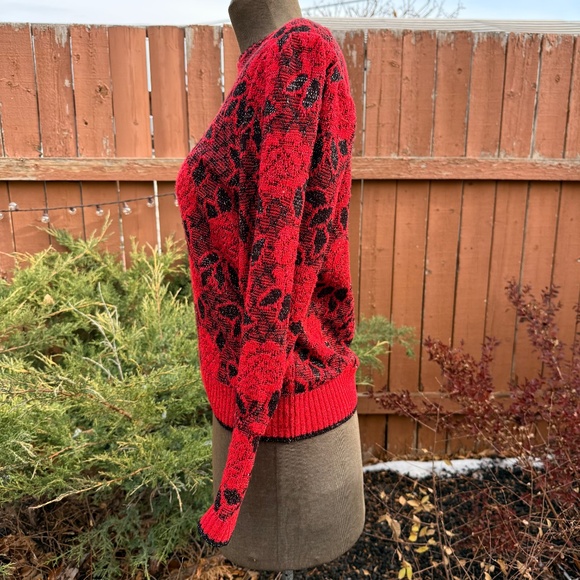 Festive season ready Red, Black and sparkle Rose Knit Sweater - Picture 3 of 9